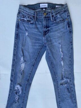 FRAME Cotton Denim Le Garcon Mid-Rise Relaxed Distressed Crop Blue Jeans Sz 24